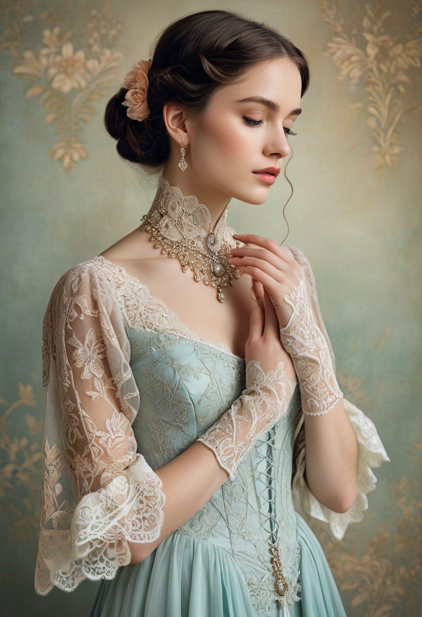 An elegant fusion of historical and modern women's fashion; depict a woman gracefully transitioning from a flowing Victorian dress to a modern chic outfit, all set against a soft, timeless background. Include ornate patterns and delicate accessories like lace gloves and contemporary jewelry. Incorporate elements of flowing fabrics blending seamlessly with tailored contemporary designs. watercolor effect. vibrant colors.