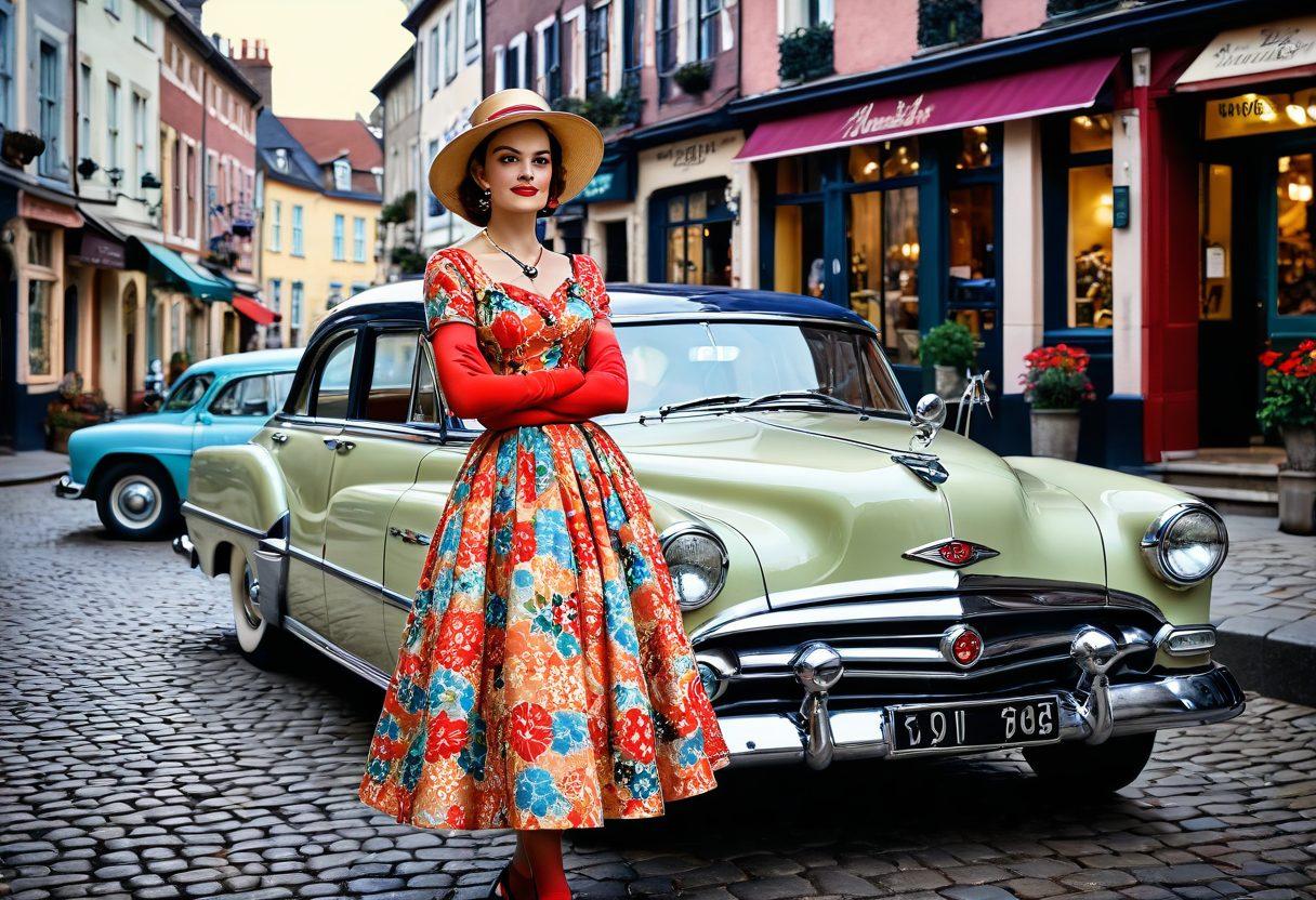 A stylish woman in a vintage 1950s dress, with an elegant hat and gloves, stands beside a classic car in a quaint European street. The scene should include charming cobblestone paths and vintage shop signs, creating an atmosphere of timeless elegance. painting. vibrant colors. vintage aesthetic.